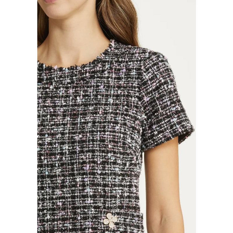 ELIZA J Women's Bouclé Fit & Flare Dress Size 6 Black Tweed Short Sleeve NWT