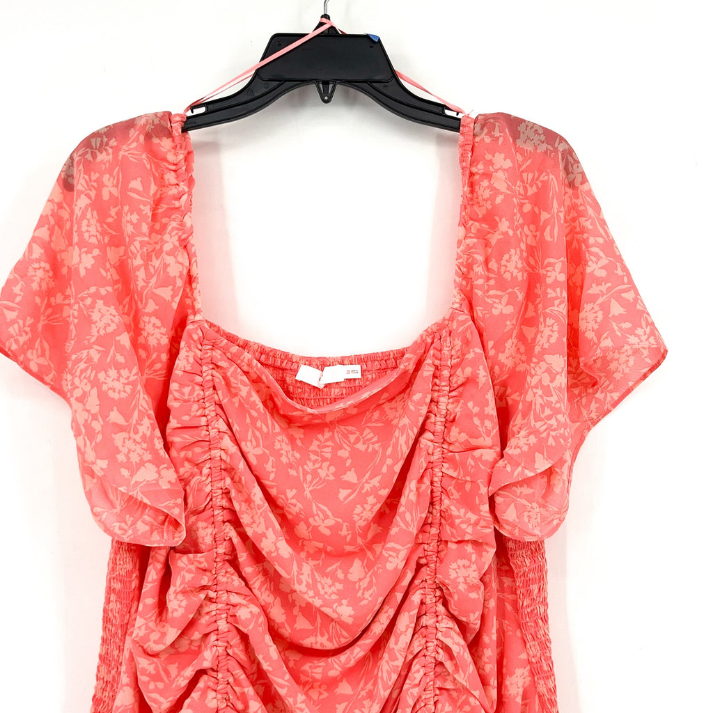 LUSH Women's Smocked Blouse 2X Pink Floral Ruched Flutter Sleeve NWT