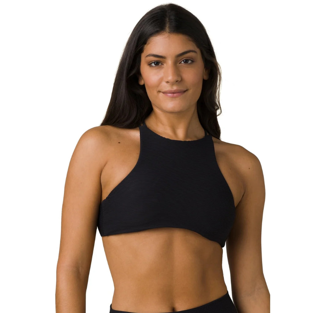 PRANA Women's Onyx Bay Bikini Top Large Black Ottoman High Neck Ribbed NWT