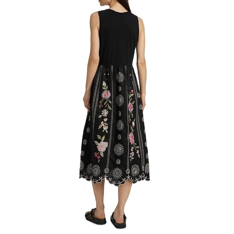 JOHNNY WAS Della Tank Midi Dress Medium Black Floral-Embroidered Linen NWT