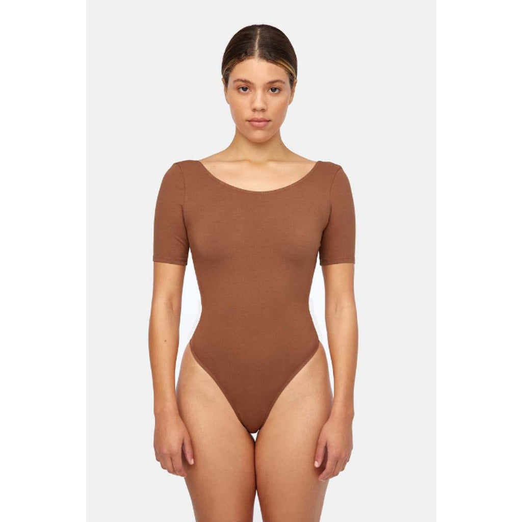 LACAUSA ANTHROPOLOGIE Womens Dawn Bodysuit Large Mocha Brown Short Sleeve NWT