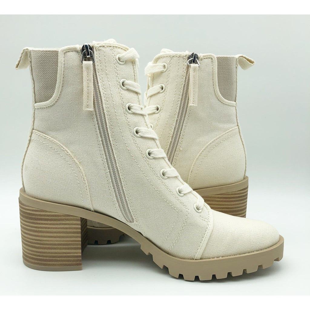 Dolce Vita Womens Combat Boots Size 8 Stacked Heel Off White Canvas NWOB
