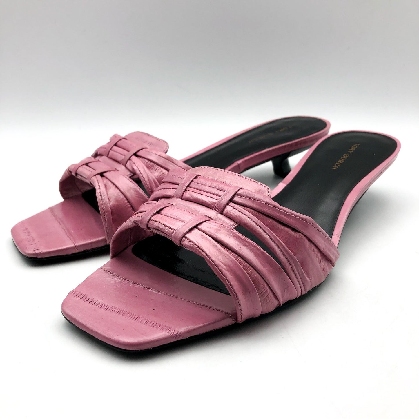 Tory Burch Womens 35mm Ruched Slide Sandals US 7.5 M Pink Bubblegum Leather NIB