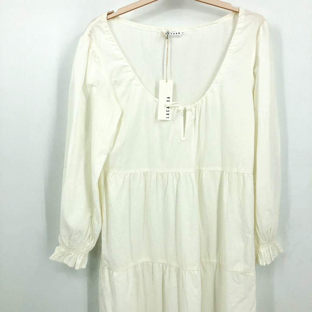 LACAUSA Women's Tate Tiered Midi Dress Small White Panna Cotta Long Sleeve NWT