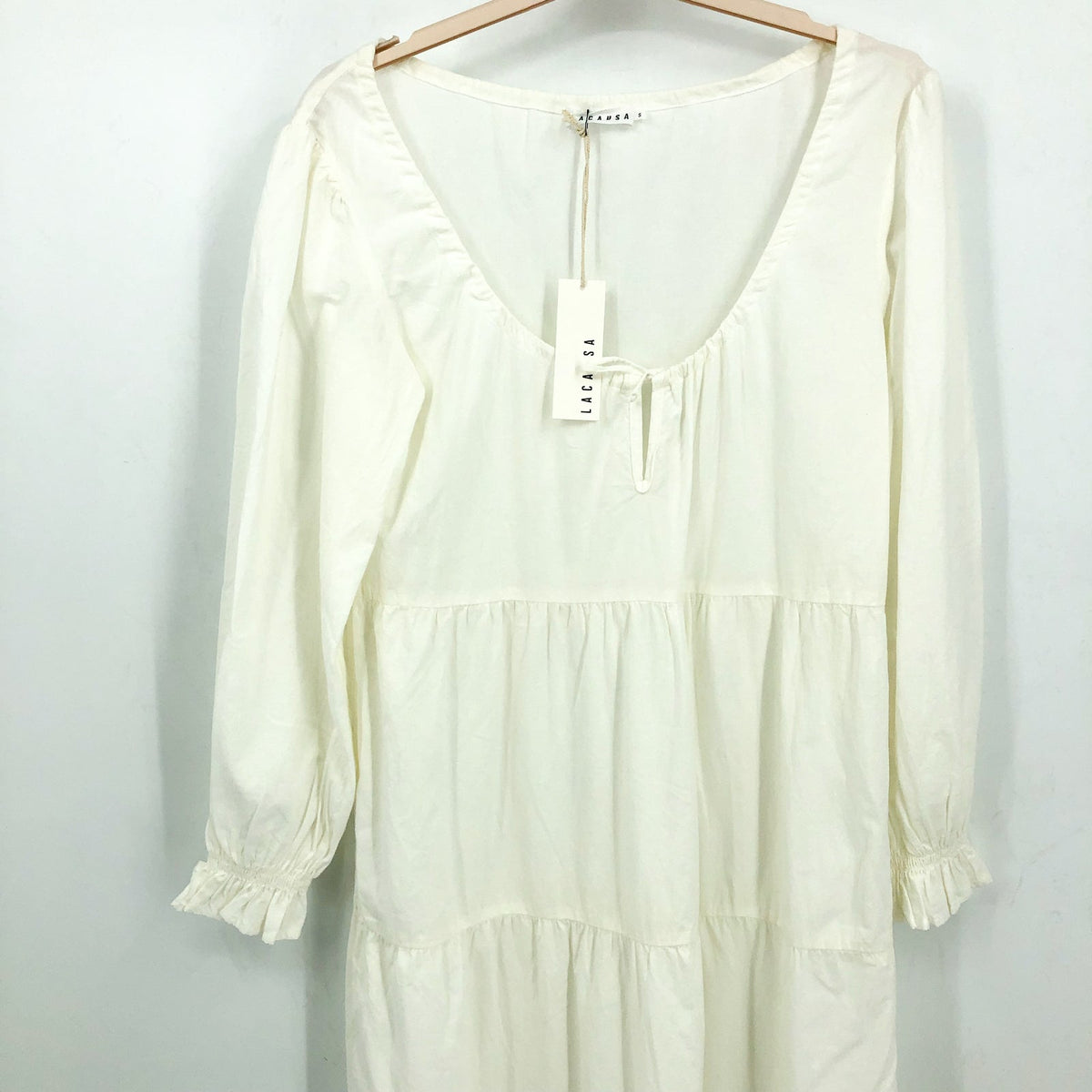 LACAUSA Women's Tate Tiered Midi Dress Small White Panna Cotta Long Sleeve NWT