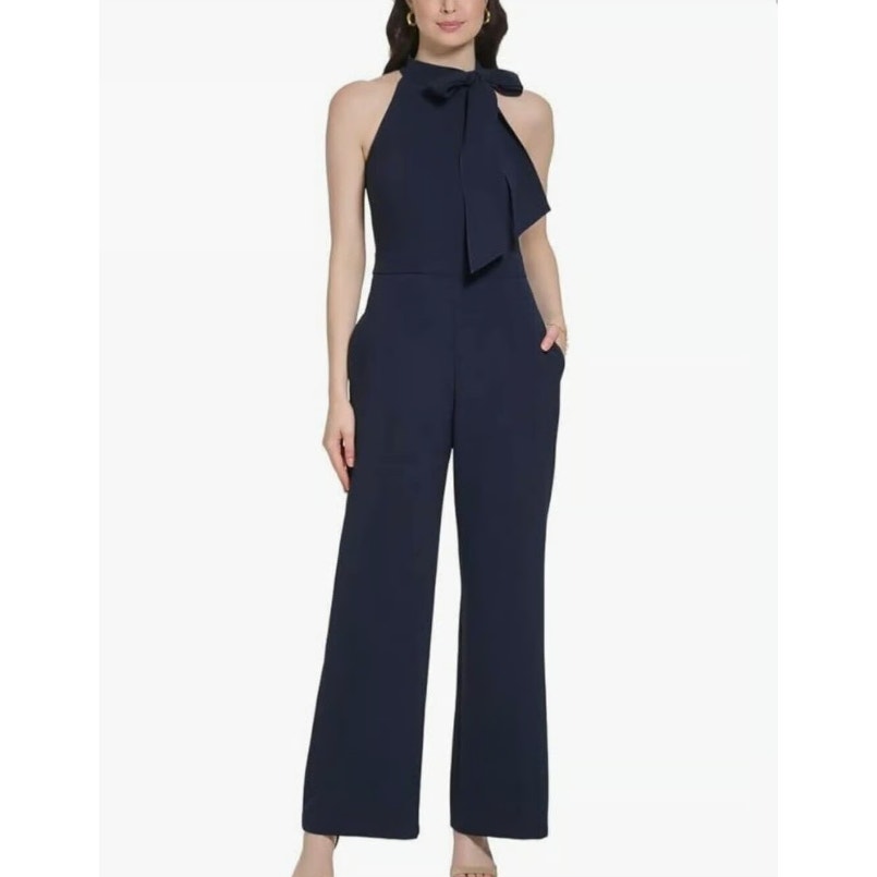 VINCE CAMUTO Signature Crepe Bow Jumpsuit Size 16 Navy Blue Halter Neck NWT
