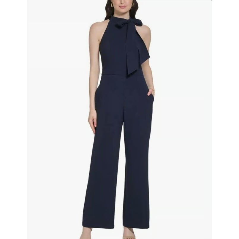 VINCE CAMUTO Signature Crepe Bow Jumpsuit Size 16 Navy Blue Halter Neck NWT