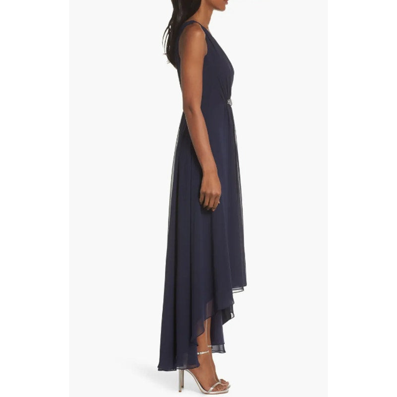 ELIZA J High Low Chiffon Long Dress Size 8 Navy Blue Embellished Sleeveless NWT