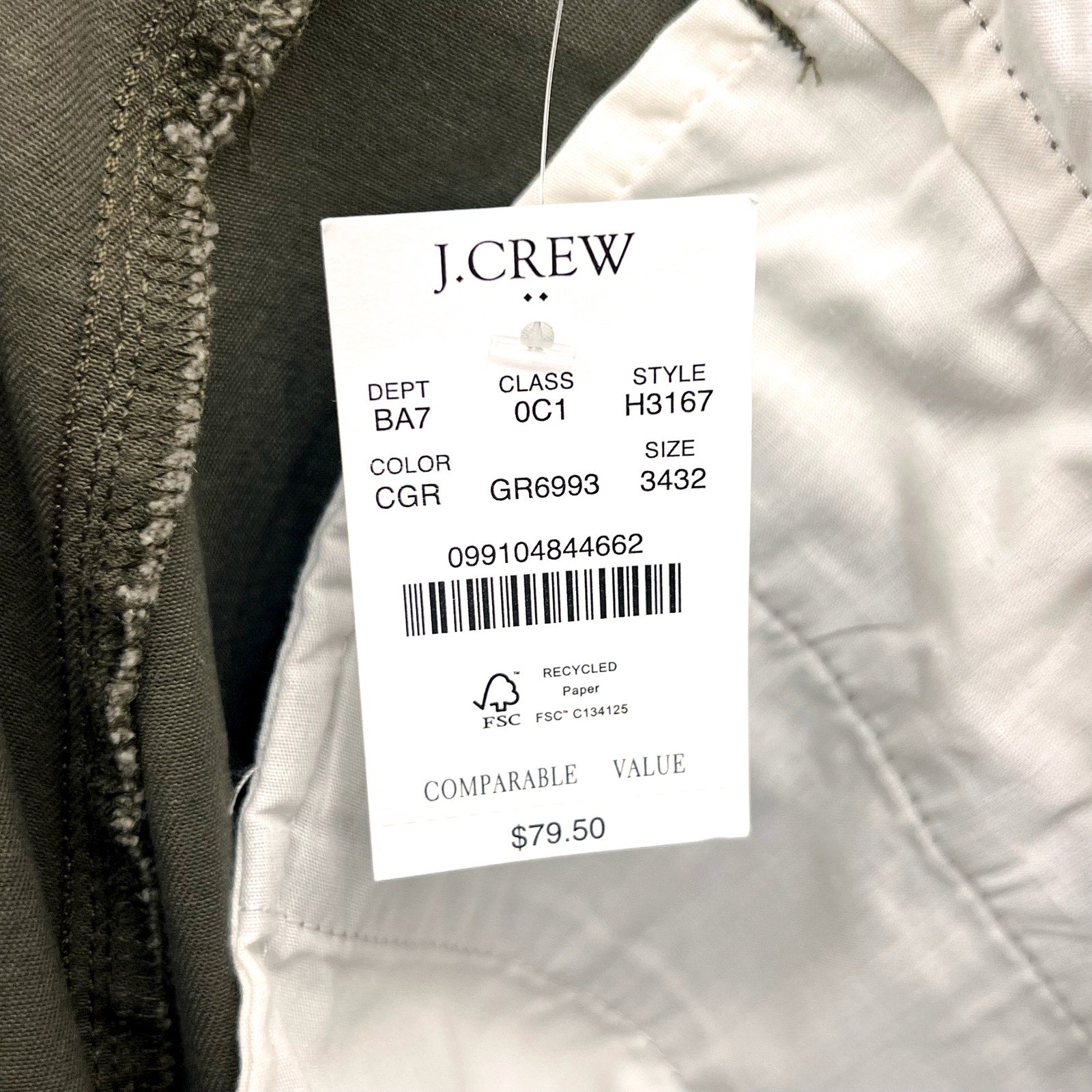 J.CREW Men's Slim-fit Flex Chino Pants 34x32 Catskill Green Flat Front H3167 NWT