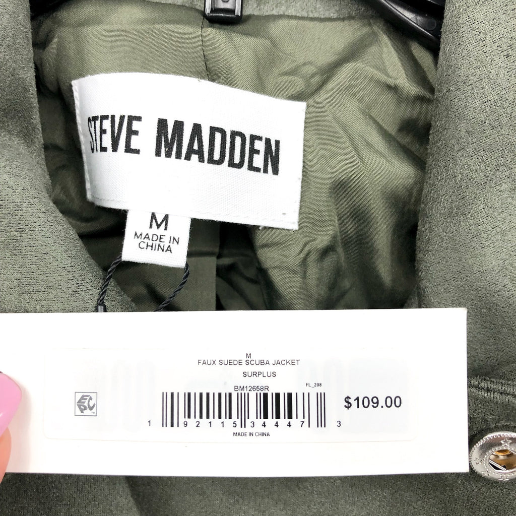 STEVE MADDEN Womens Faux Suede Moto Jacket Medium Olive Green Vegan Leather NWT