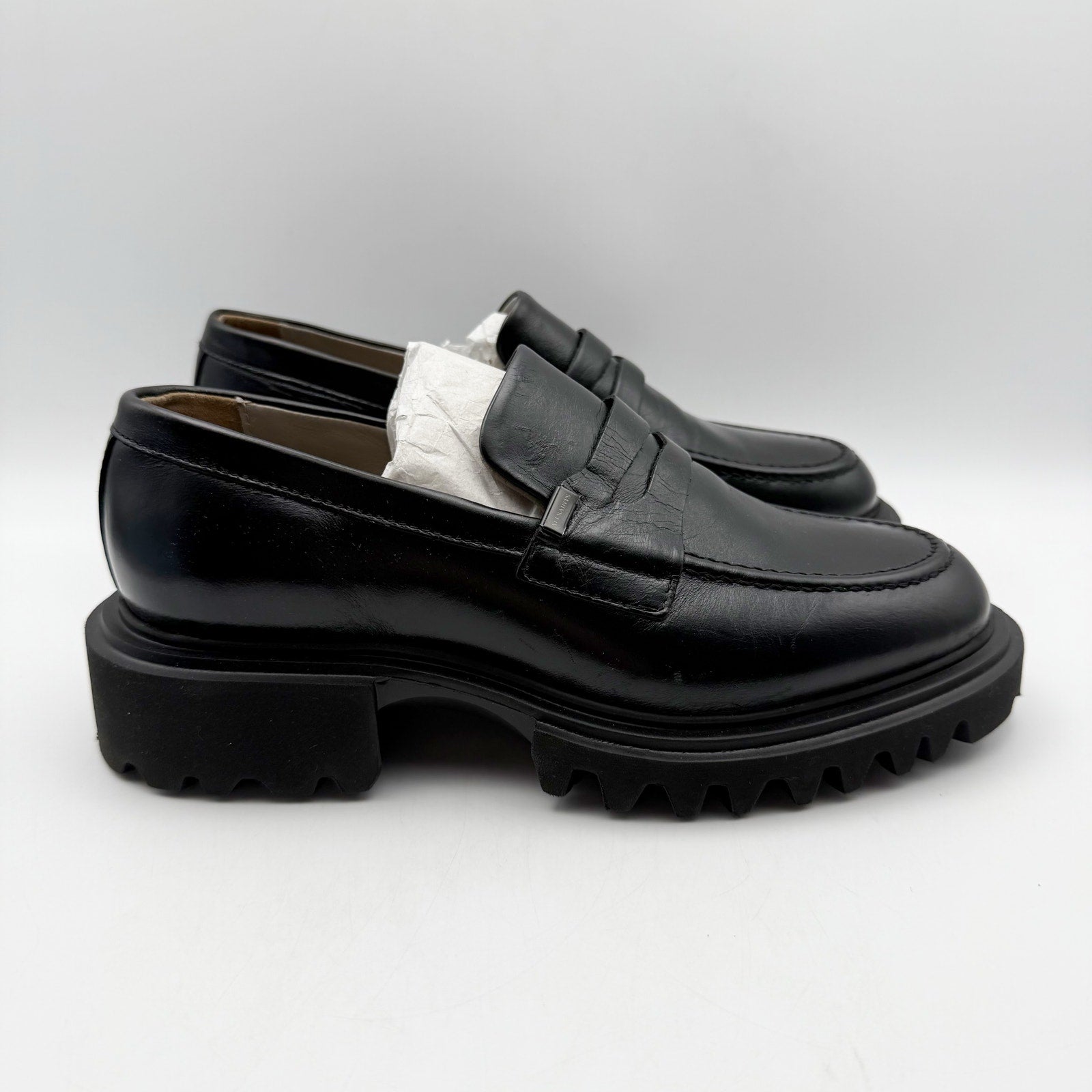 Allsaints Womens Lola Loafers Size 7 EU 37 Black Leather Chunky Lug Sole NWOB