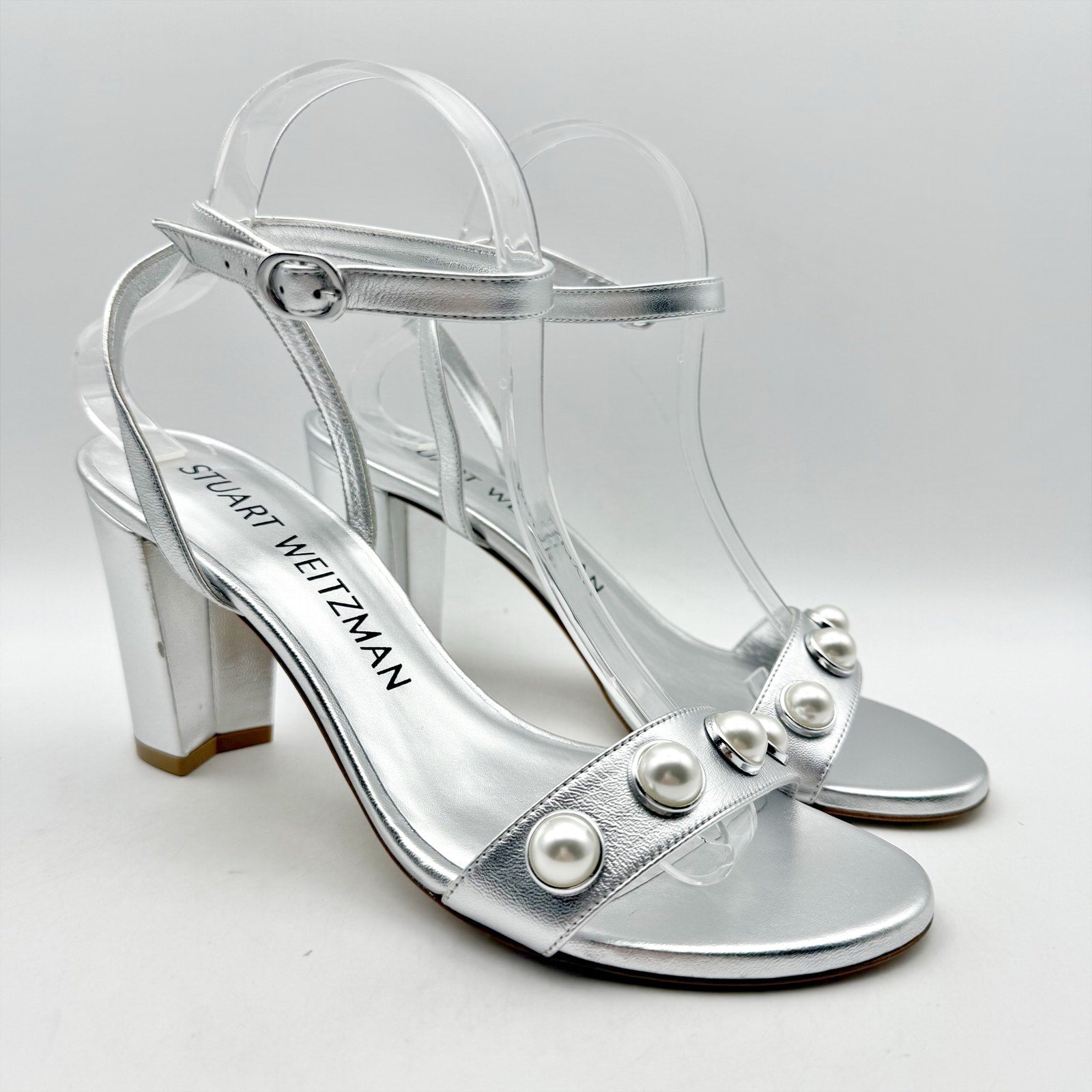 Stuart Weitzman Women Nearlybare Portia Heeled Sandal US 9 B Silver Leather NWOB