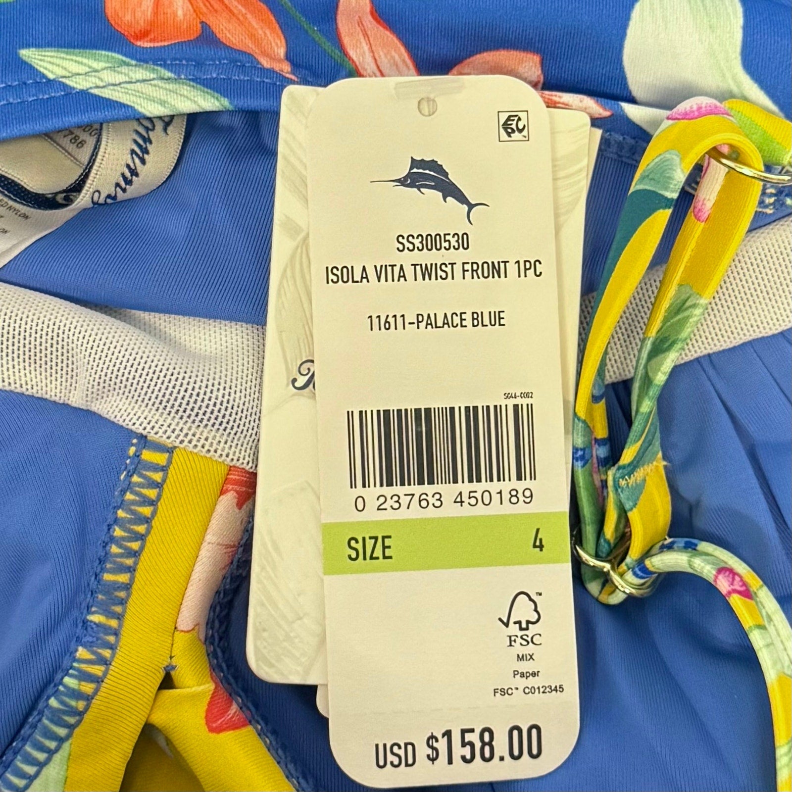 TOMMY BAHAMA Women's Isola Vita One-Piece Swimsuit Size 4 Yellow Blue Floral NWT