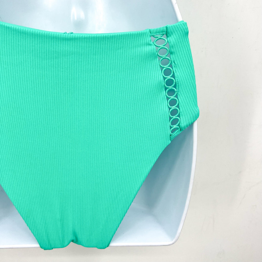 BECCA High Waist Bikini Bottoms Large Green Aqua Sea Modern Edge Cut Out NWT
