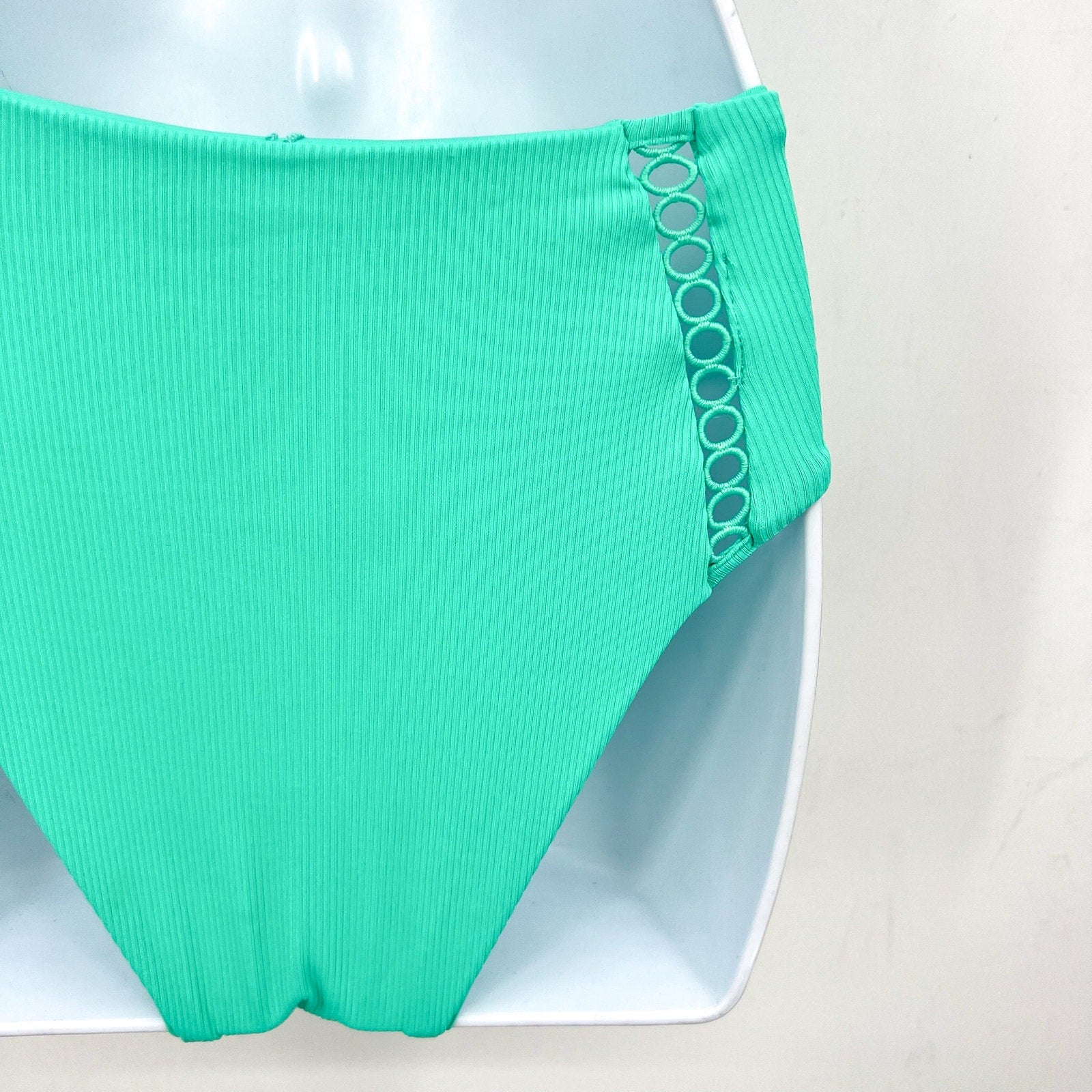 BECCA High Waist Bikini Bottoms Large Green Aqua Sea Modern Edge Cut Out NWT