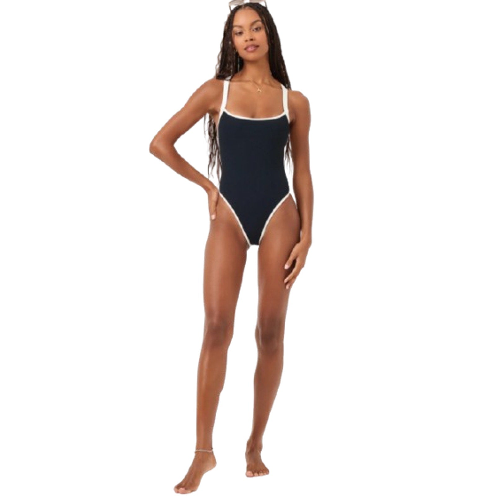 L*SPACE Women's Ribbed Baewatch One Piece Swimsuit Small Black Cream NWT