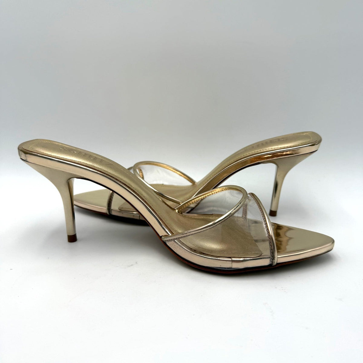 Schutz Womens Elodie Vinyl Heeled Mule Sandals Size 7.5 Platinum Gold NIB