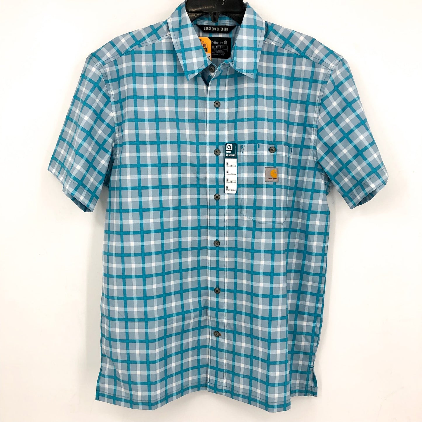 CARHARTT Men's Force Relaxed Fit Plaid Shirt Medium Storm Blue Sun Defender NWT