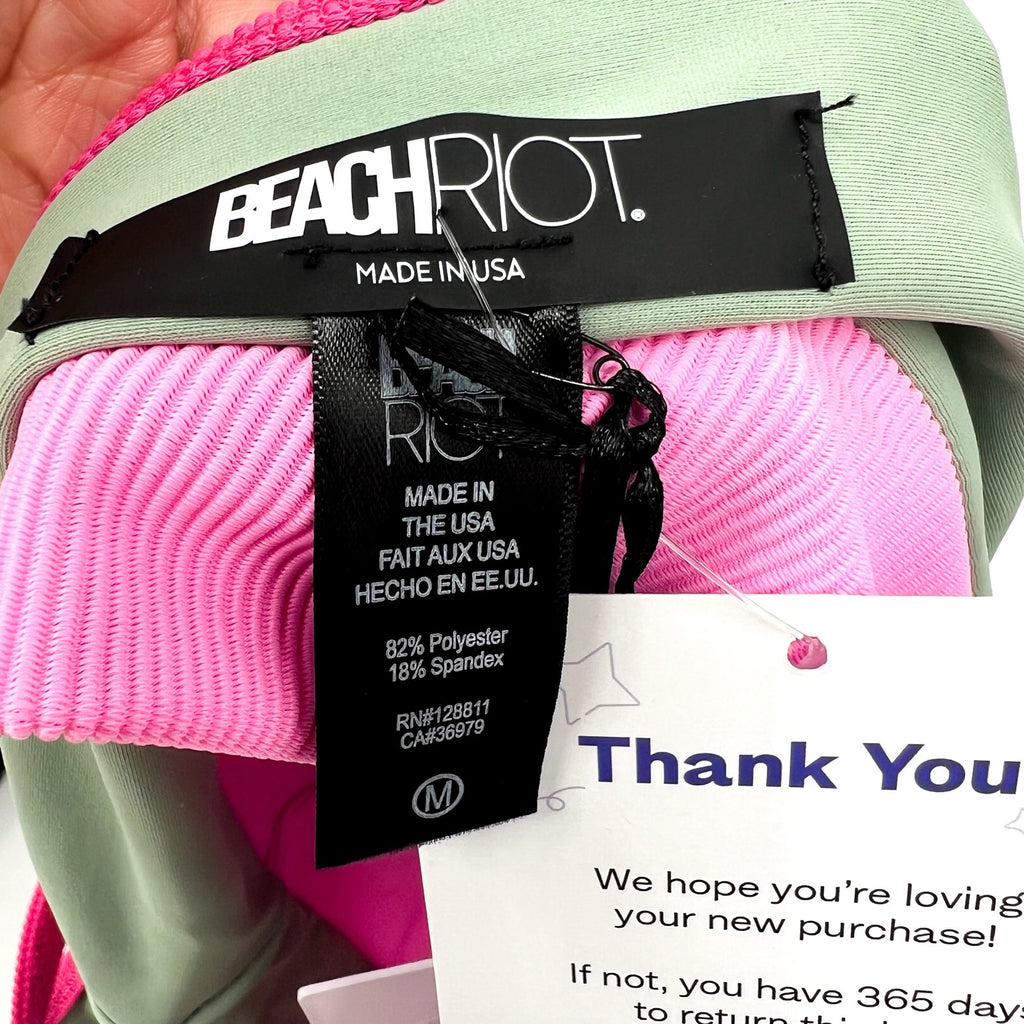 BEACH RIOT Women's Eva Bikini Top Medium Green Pink Sage Bloom Colorblock NWT