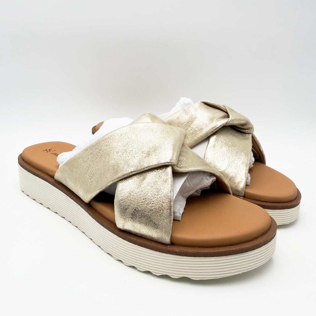 Johnston & Murphy Womens Mitzi Knotted Slide Sandals Size 9 Gold Champagne NIB