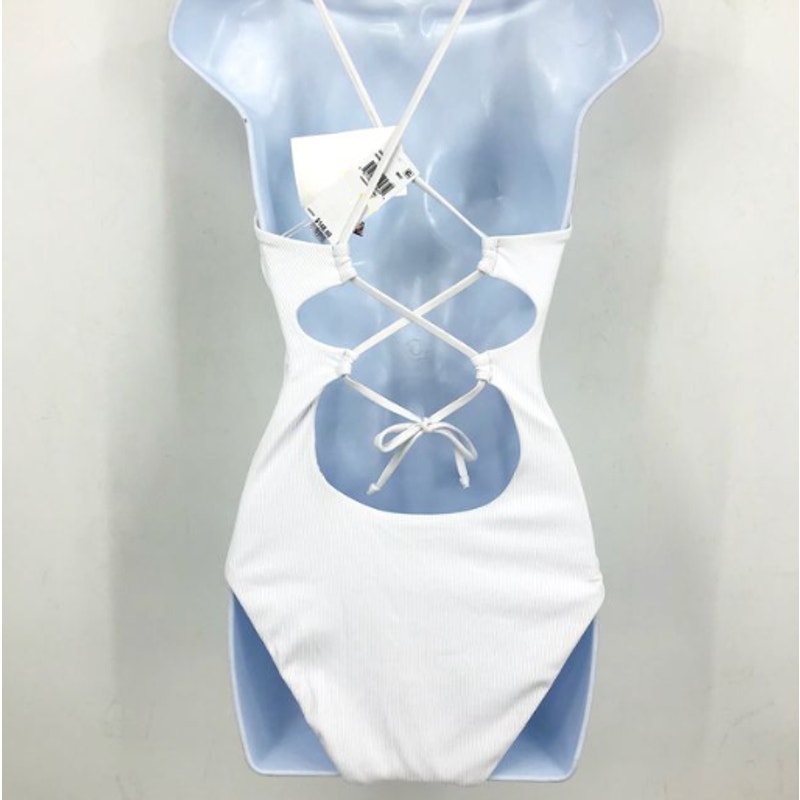BECCA Women's Modern Edge Haley One Piece Swimsuit Large White Plunge Neck NWT