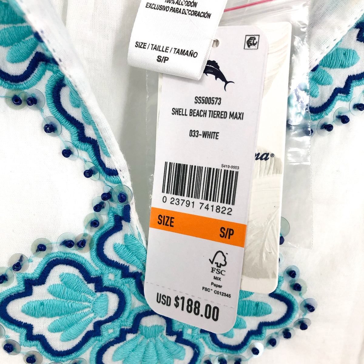 TOMMY BAHAMA Shell Beach Tiered Maxi Dress Small White Embroidered Cover-Up NWT