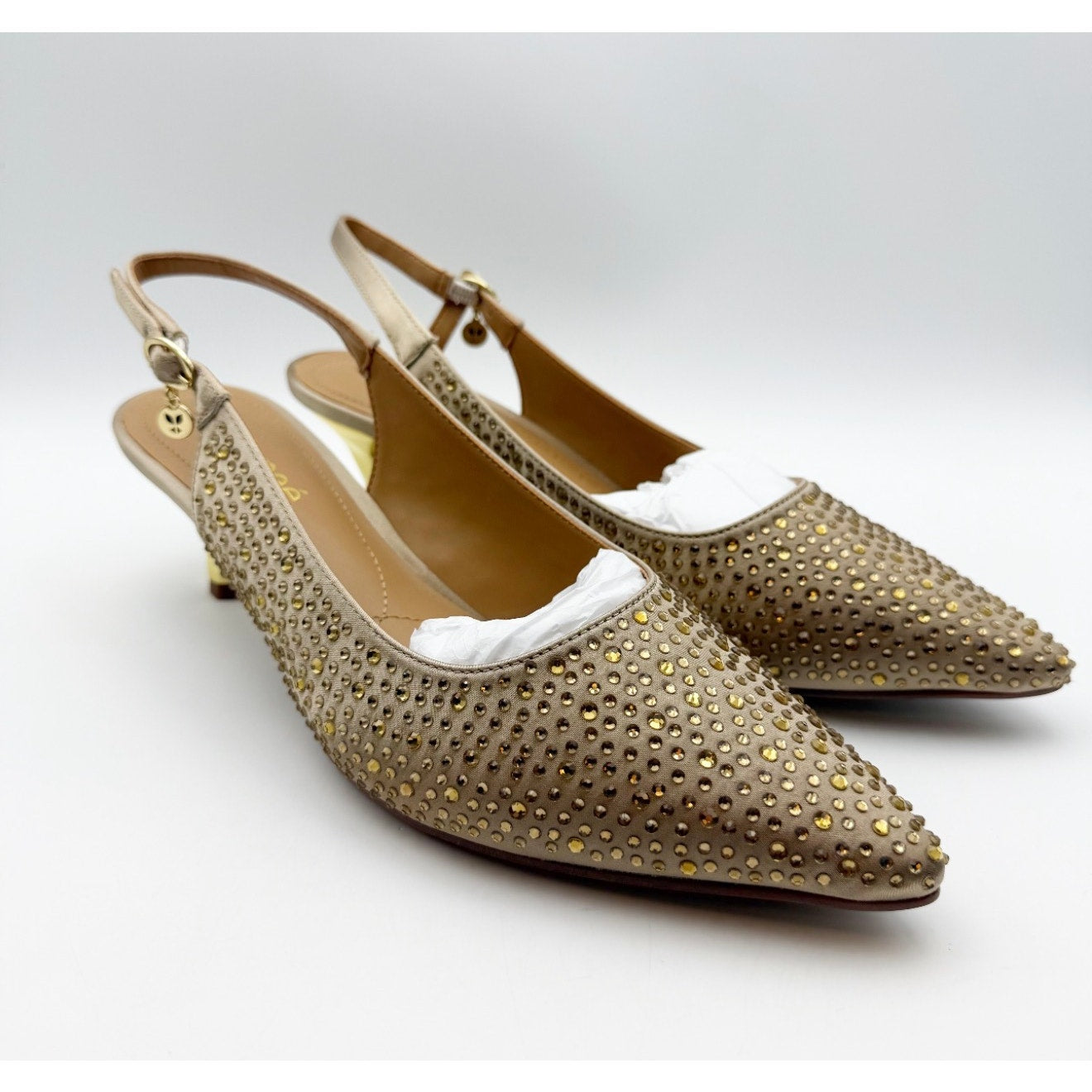 J. Renee Womens Ferryanne Kitten Heels Size 9 Wide Beige Satin Rhinestone NIB