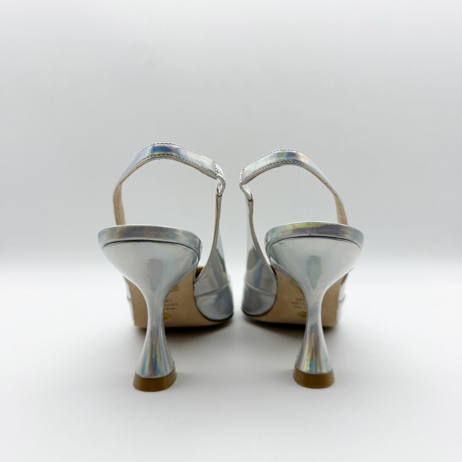 Stuart Weitzman Womens Xcurve 85 Slingback Heels US 6.5 Silver Sling Back NWOB