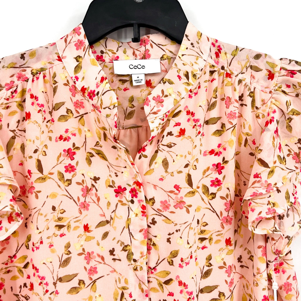 CECE Women's Placket Blouse Medium Pink Floral Double Flutter Short Sleeves NWT