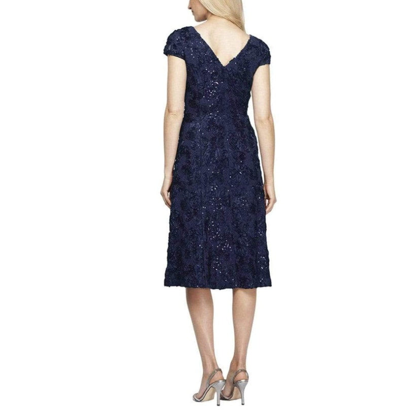 ALEX EVENINGS Rosette A-line Midi Dress Size 14 Navy Blue Sequin Lace 121570 NWT