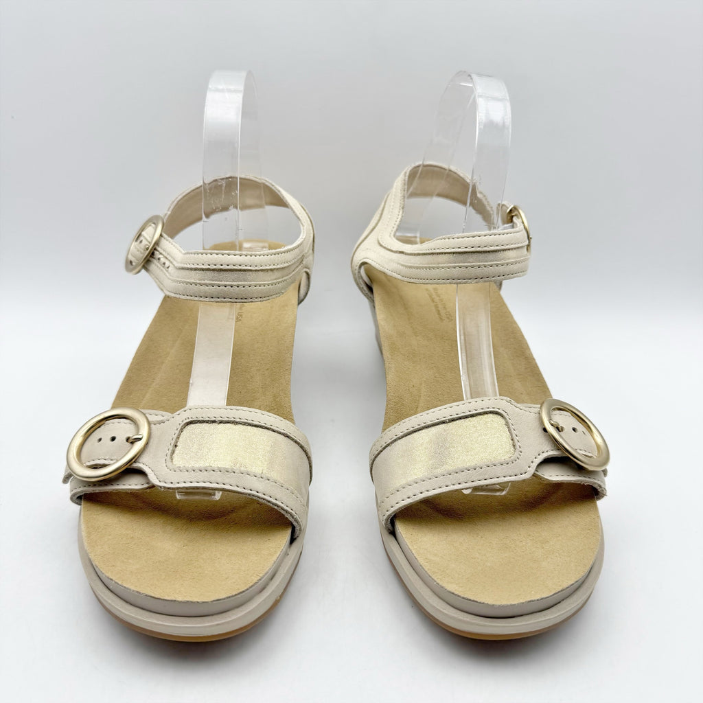 SAS Womens Seight Wedge Sandals Size 7.5WW Gold Beige Leather NIB