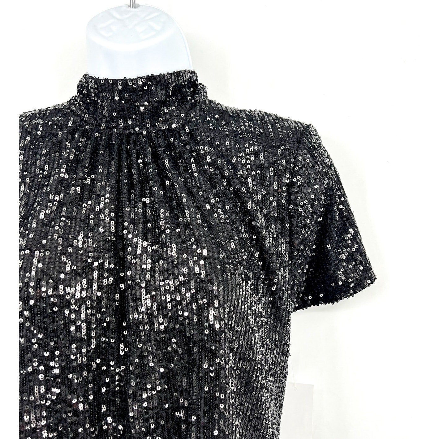 CECE Women's Sequin Top Large Rich Black Bow Back Mock Neck Short Sleeve NWT