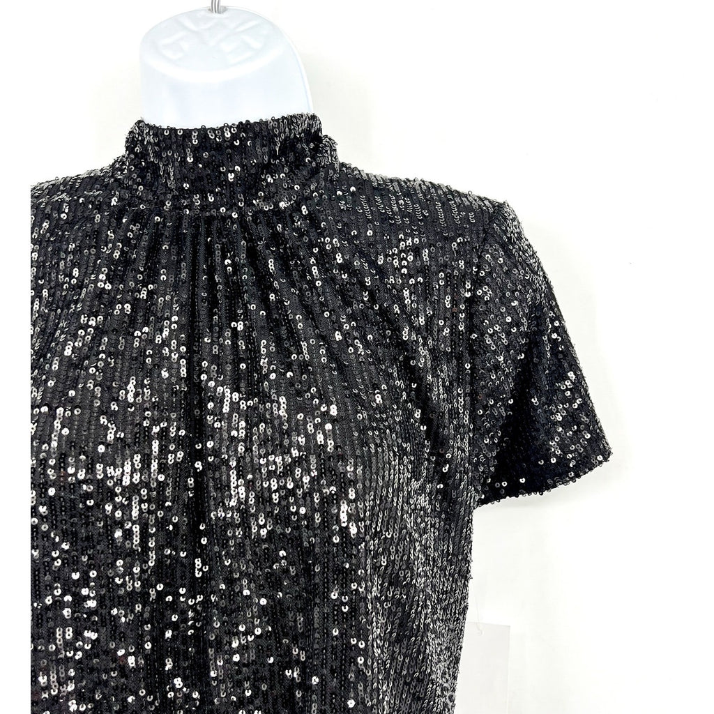 CECE Women's Sequin Top Large Rich Black Bow Back Mock Neck Short Sleeve NWT