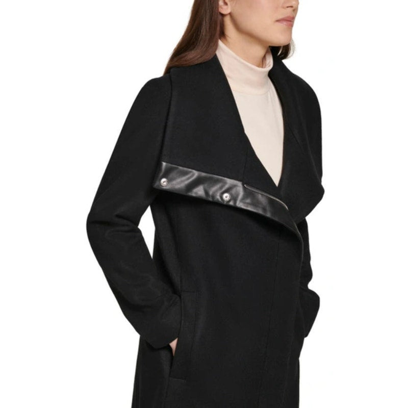KENNETH COLE Womens Melton Wool Blend Coat Small Black Faux Leather Trim NWOT