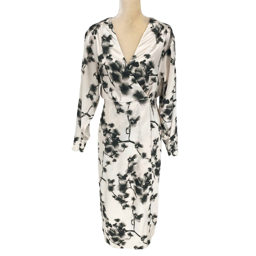 Rotate Womens Floral Wrap Midi Dress 8 Ivory Green V Neck Long Sleeve Cocktail