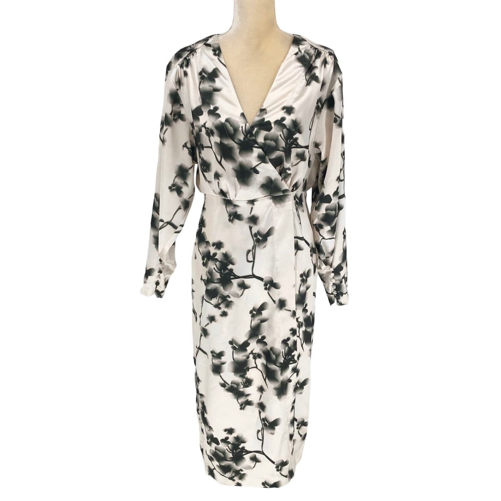 Rotate Womens Floral Wrap Midi Dress 8 Ivory Green V Neck Long Sleeve Cocktail