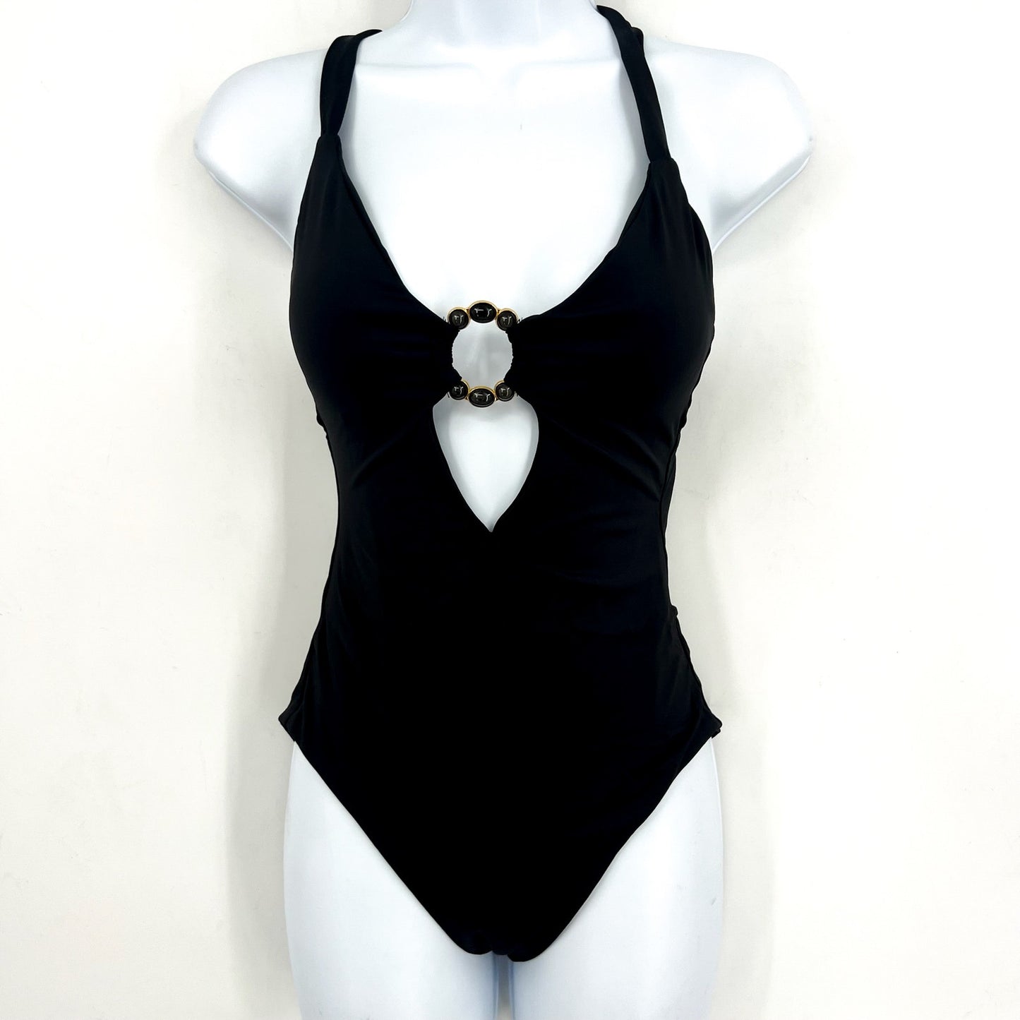 BECCA Women's Marble Canyon Ring One-Piece Swimsuit Small Black Cut Out NWT