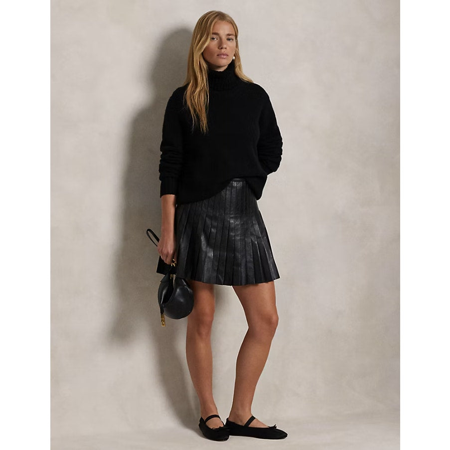 LAUREN RALPH LAUREN Knife-Pleated Lambskin Miniskirt Size 10 Black Leather NWOT