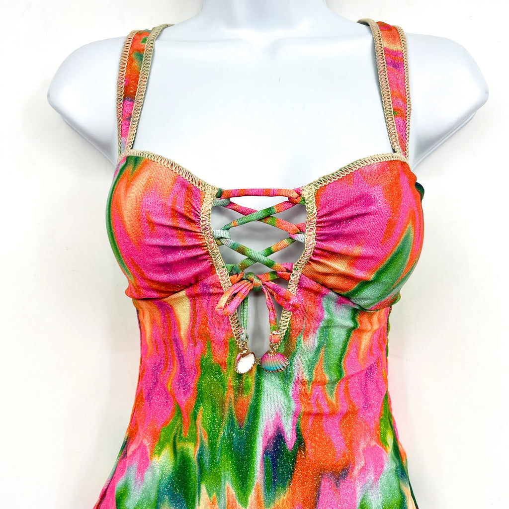 BECCA Women's Mirage Metallic One-Piece Swimsuit Medium Pink Green Lace-Up NWOT