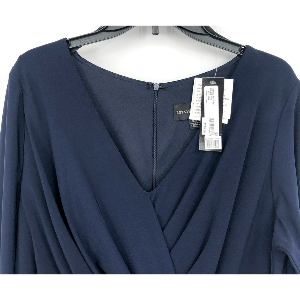 BETSY & ADAM Elle Long Sleeve Gown Size 16W Navy Blue Side Ruffled Slit NWT