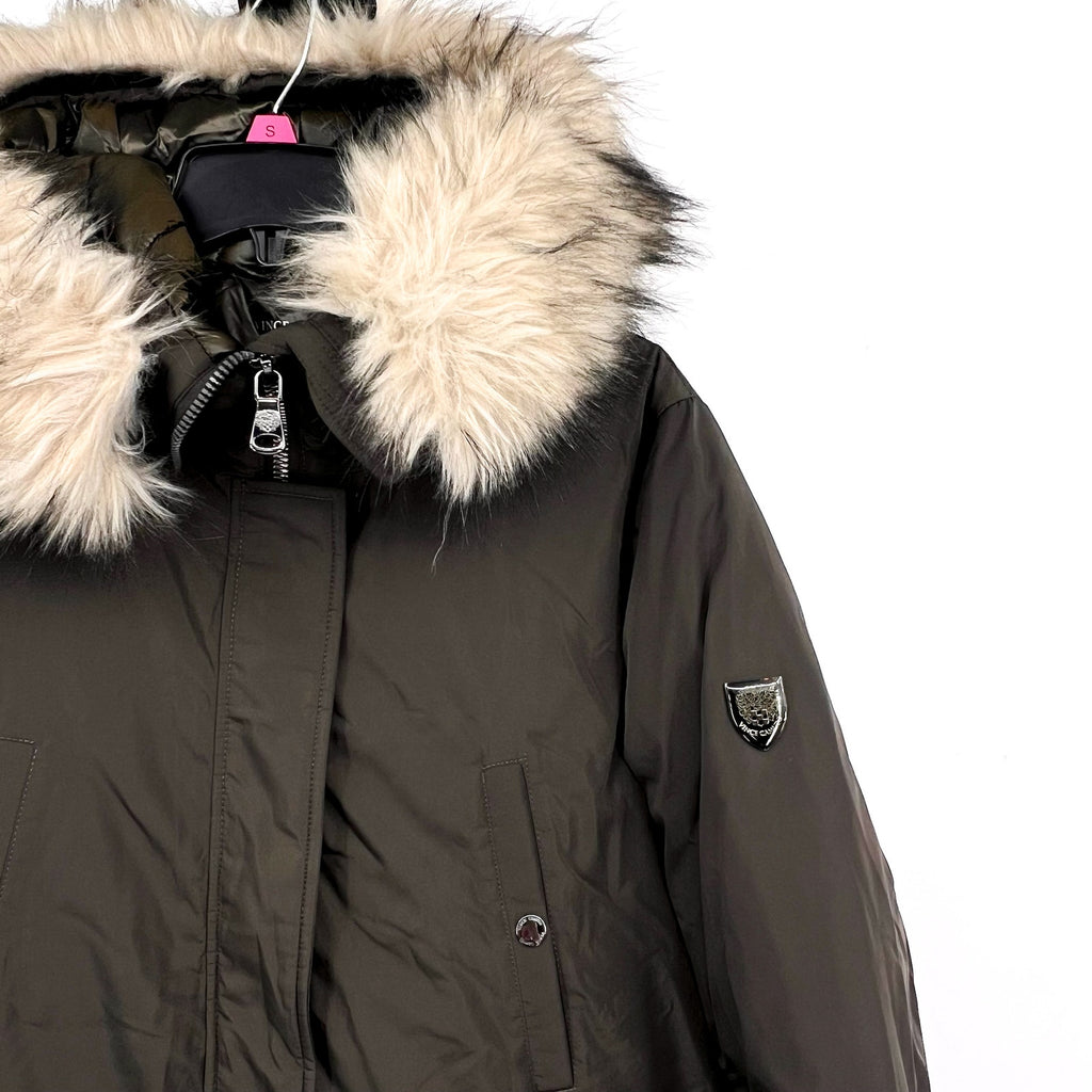 VINCE CAMUTO Heavyweight Hooded Parka Coat Medium Olive Green Faux Fur Trim NWT
