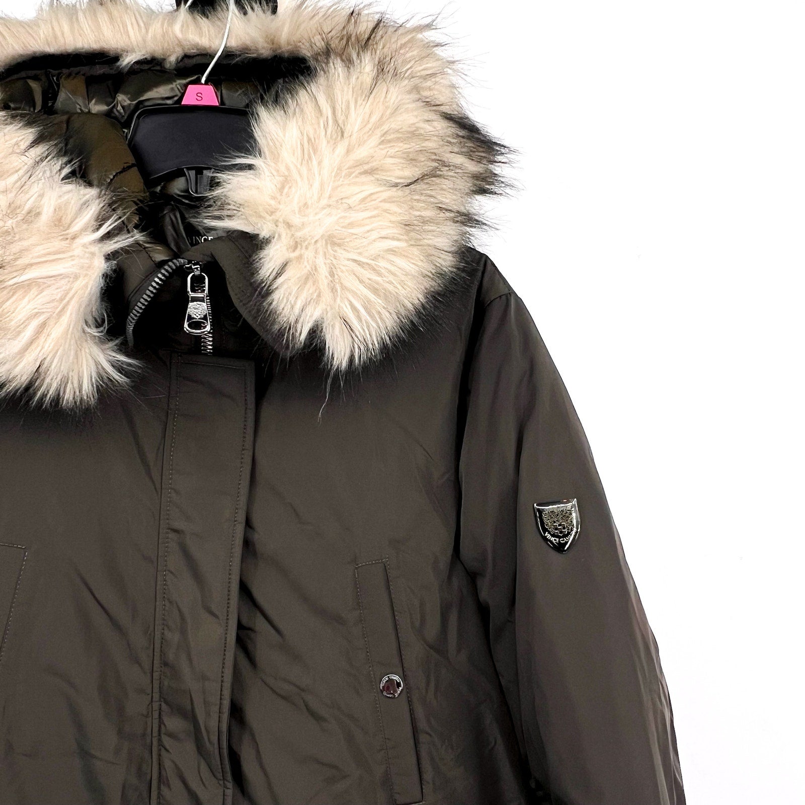 VINCE CAMUTO Heavyweight Hooded Parka Coat Medium Olive Green Faux Fur Trim NWT