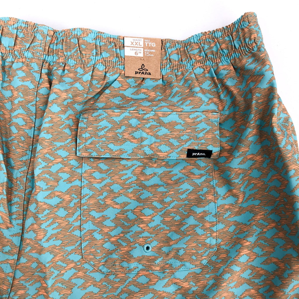 PRANA Men's Plunge Swim Shorts XXL Blue Tan Aqua Current 6" Inseam NWT