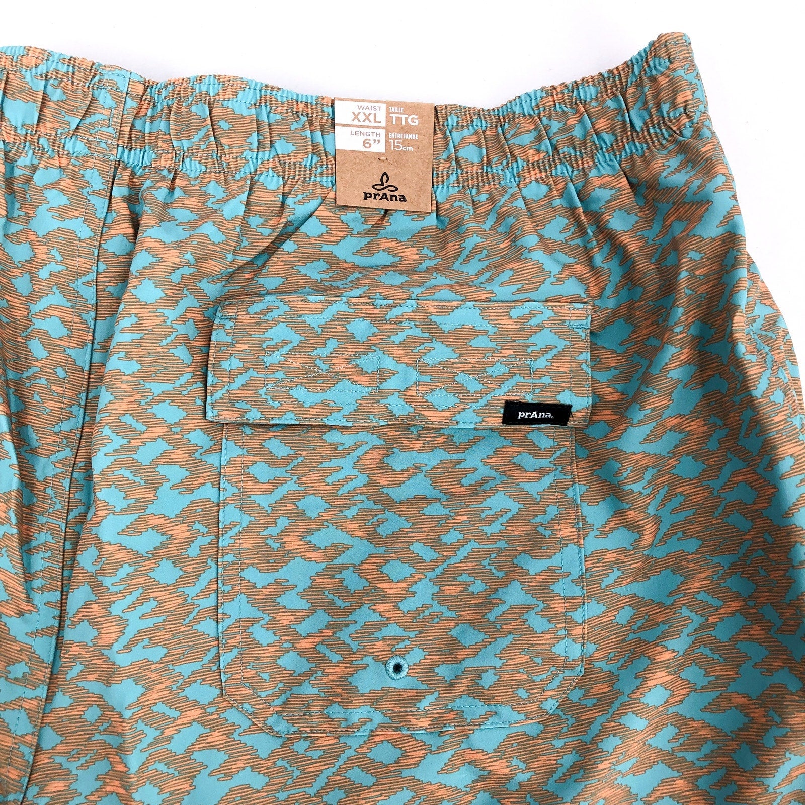 PRANA Men's Plunge Swim Shorts XXL Blue Tan Aqua Current 6" Inseam NWT