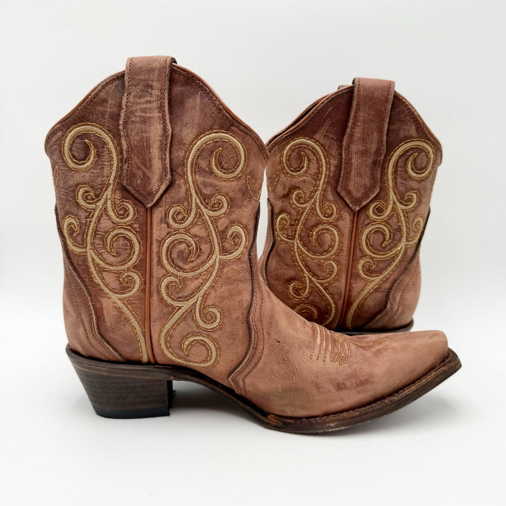 Circle G Women L6070 LD Bronze Ankle Boot US 7.5 M Brown Leather Embroidery NWOB
