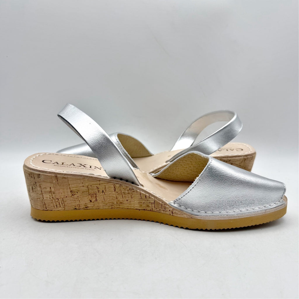 CalaXini Womens Cork Wedge Sandals EU 39 US 8.5-9 Silver Leather NWOB
