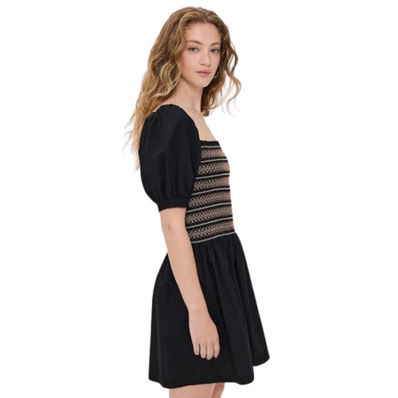 Madewell Womens Poplin Puff-Sleeve Mini Dress Small Black Smocked NU780 NWT