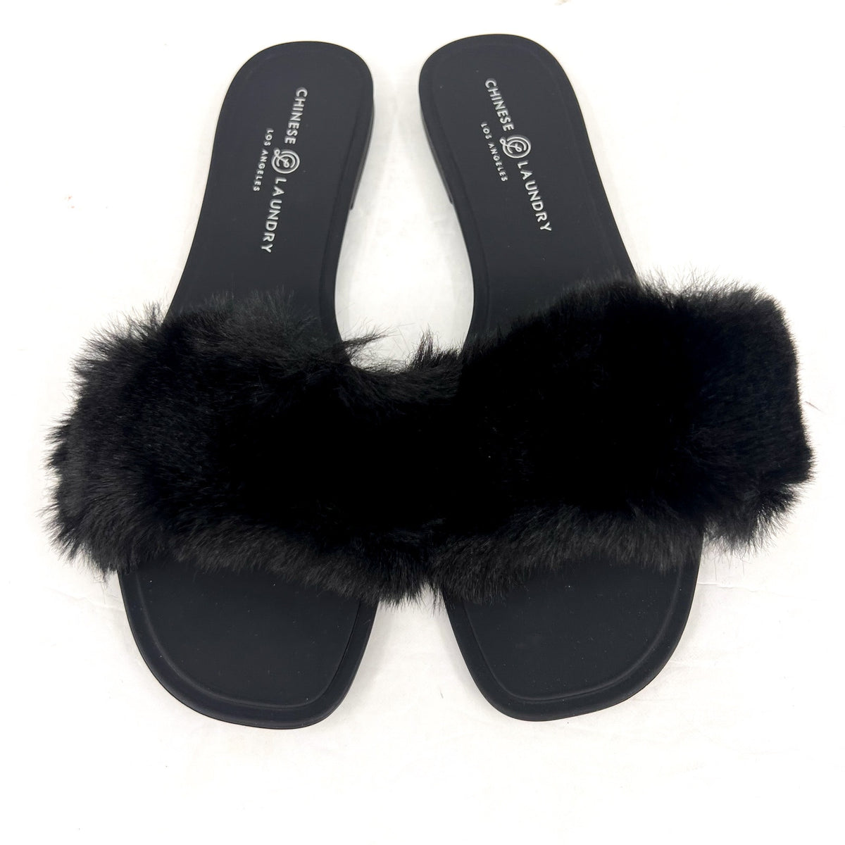 CHINESE LAUNDRY Womens Midnight Flat Slide Sandals Size 8 Black Faux Fur NWOB
