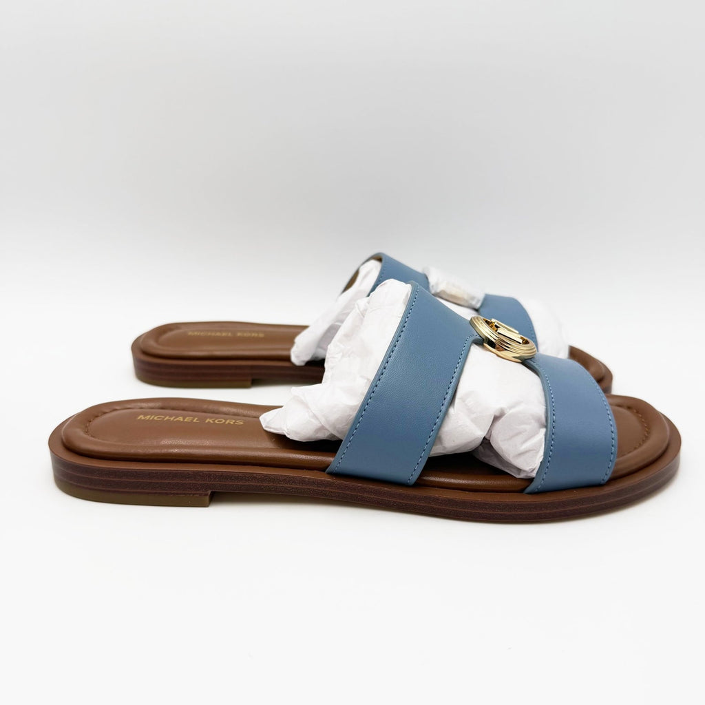 Michael Kors Womens Erin Leather Flat Sandals Size 6.5 Light Blue Chambray NIB
