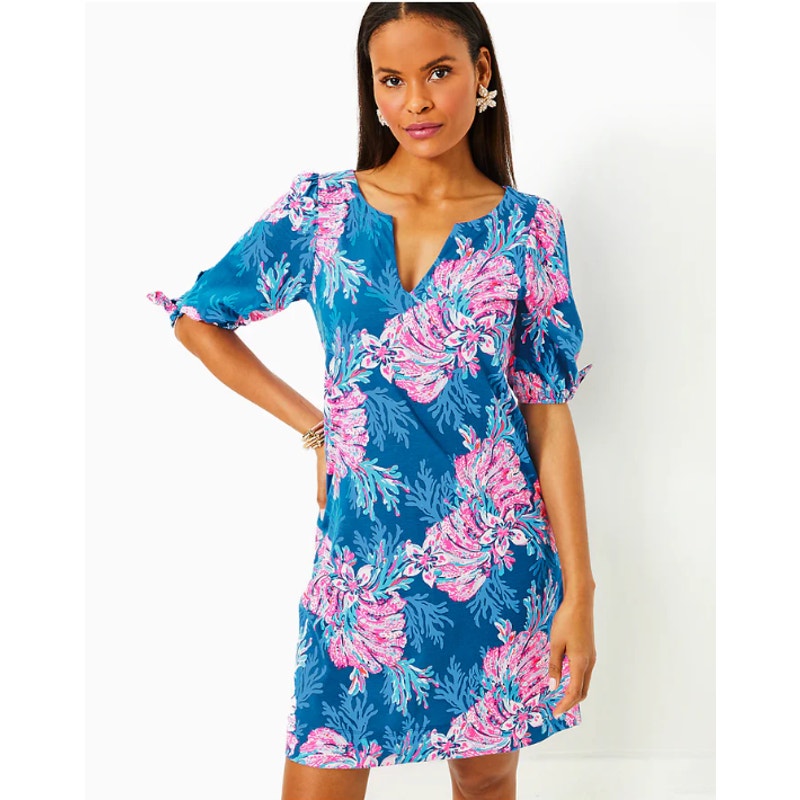 LILLY PULITZER Easley Short Sleeve Dress XXL Blue Pink For the Fans NWT